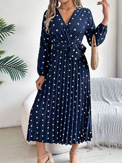 Wrap Dress- Essential Long Sleeve Polka Dot Tie Belt Midi Dress- - IndioGear.com