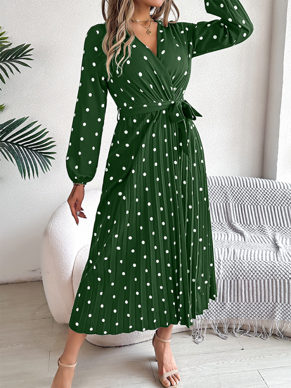 Wrap Dress- Essential Long Sleeve Polka Dot Tie Belt Midi Dress- - IndioGear.com