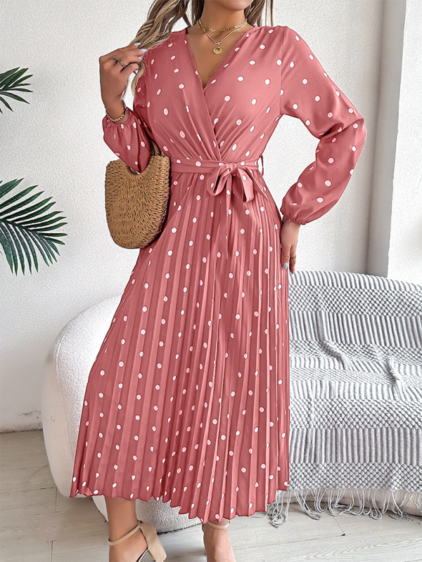 Wrap Dress- Essential Long Sleeve Polka Dot Tie Belt Midi Dress- - IndioGear.com