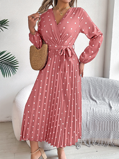 Wrap Dress- Essential Long Sleeve Polka Dot Tie Belt Midi Dress- - IndioGear.com