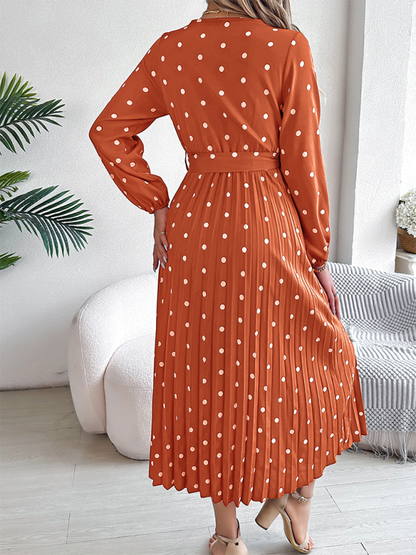 Wrap Dress- Essential Long Sleeve Polka Dot Tie Belt Midi Dress- - IndioGear.com