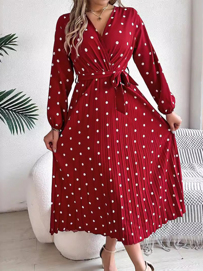 Wrap Dress- Essential Long Sleeve Polka Dot Tie Belt Midi Dress- - IndioGear.com