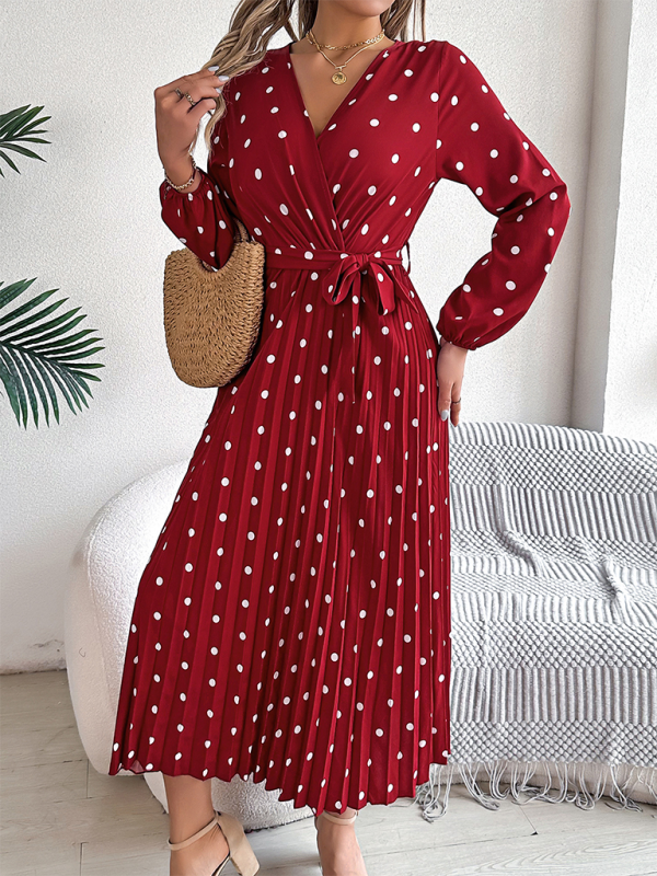 Wrap Dress- Essential Long Sleeve Polka Dot Tie Belt Midi Dress- - IndioGear.com