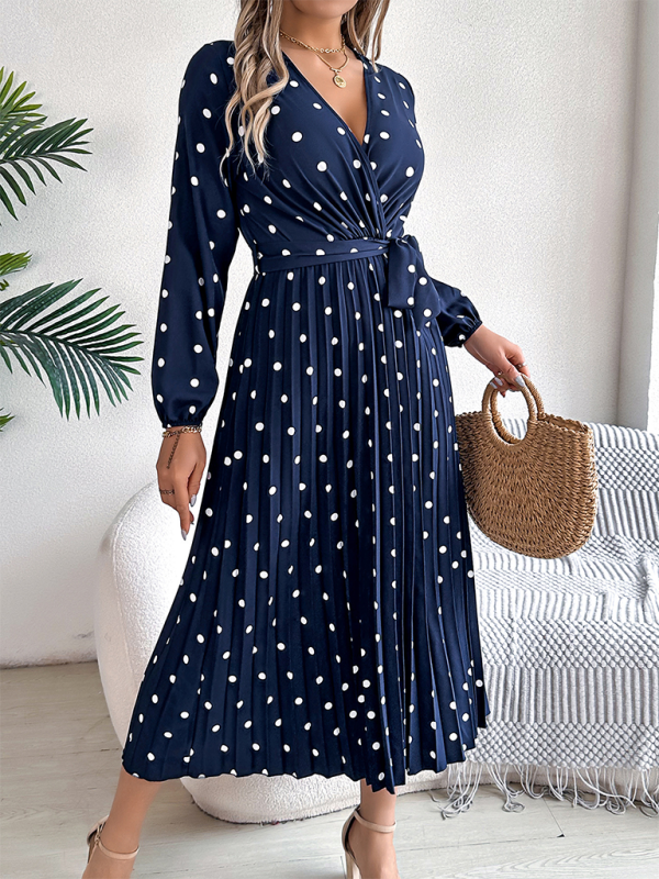 Wrap Dress- Essential Long Sleeve Polka Dot Tie Belt Midi Dress- - IndioGear.com