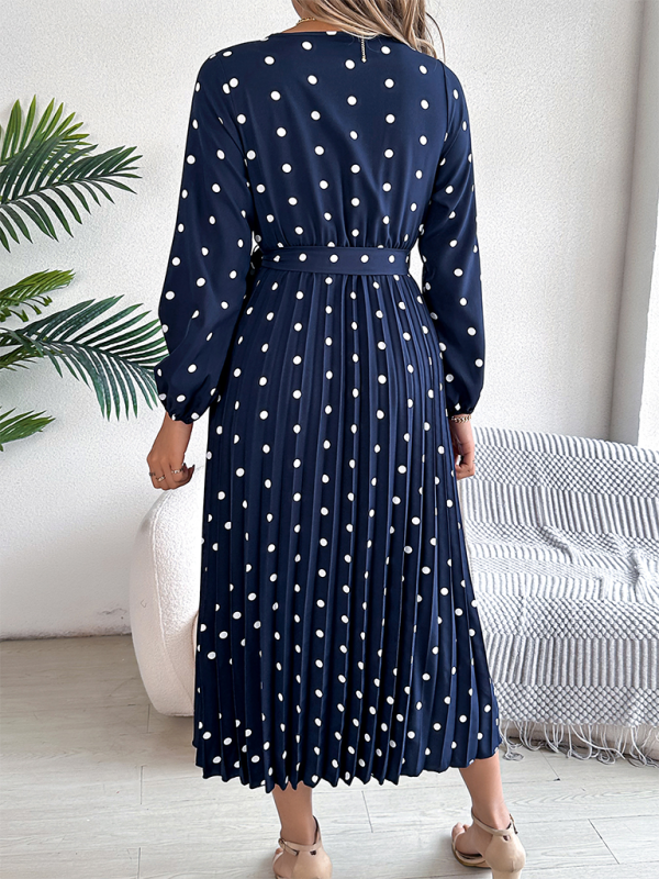 Wrap Dress- Essential Long Sleeve Polka Dot Tie Belt Midi Dress- - IndioGear.com