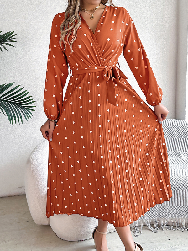 Wrap Dress- Essential Long Sleeve Polka Dot Tie Belt Midi Dress- - IndioGear.com