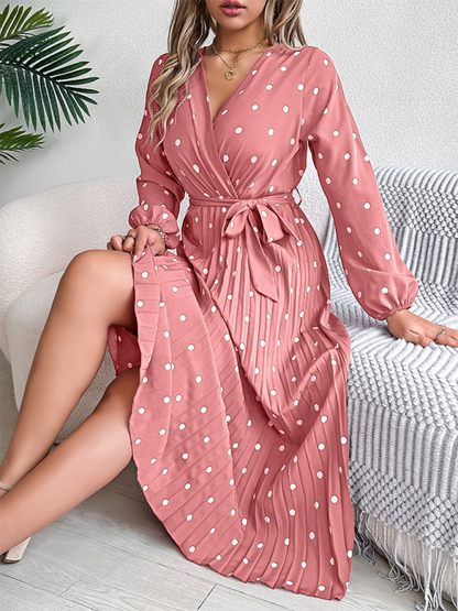 Wrap Dress- Essential Long Sleeve Polka Dot Tie Belt Midi Dress- - IndioGear.com