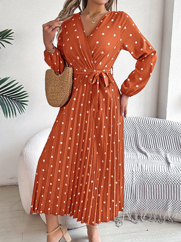 Wrap Dress- Essential Long Sleeve Polka Dot Tie Belt Midi Dress- - IndioGear.com