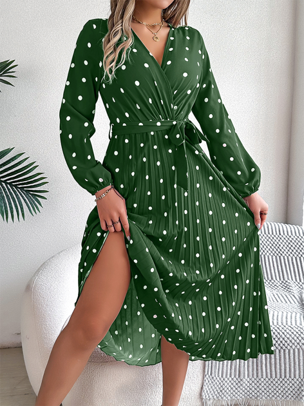 Wrap Dress- Essential Long Sleeve Polka Dot Tie Belt Midi Dress- Green- IndioGear.com