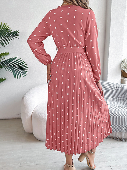 Wrap Dress- Essential Long Sleeve Polka Dot Tie Belt Midi Dress- - IndioGear.com