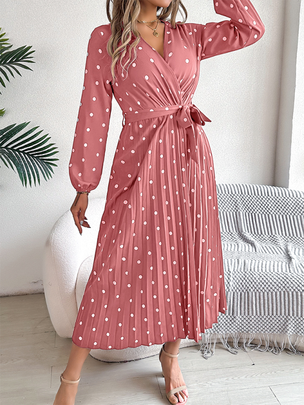 Wrap Dress- Essential Long Sleeve Polka Dot Tie Belt Midi Dress- - IndioGear.com