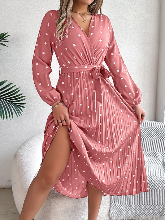 Wrap Dress- Essential Long Sleeve Polka Dot Tie Belt Midi Dress- Pink- IndioGear.com