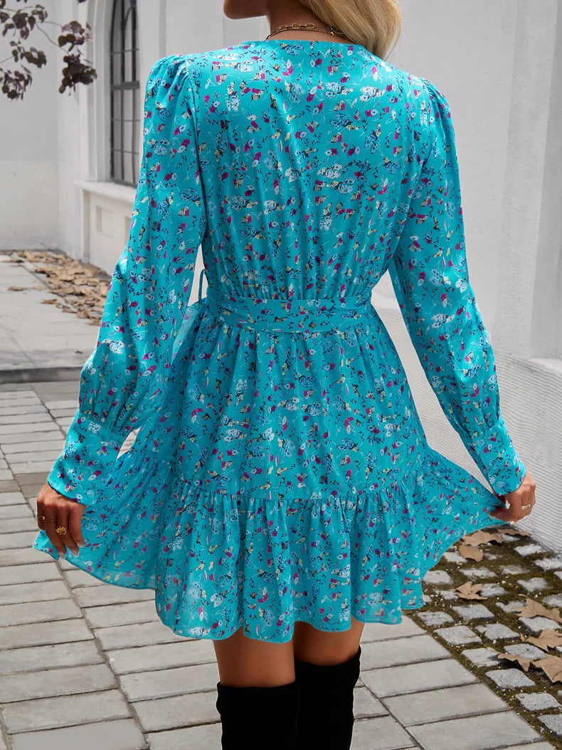 Wrap Dresses- Autumn Floral Puff Sleeve Wrap Belted Dress- - IndioGear Women Clothing