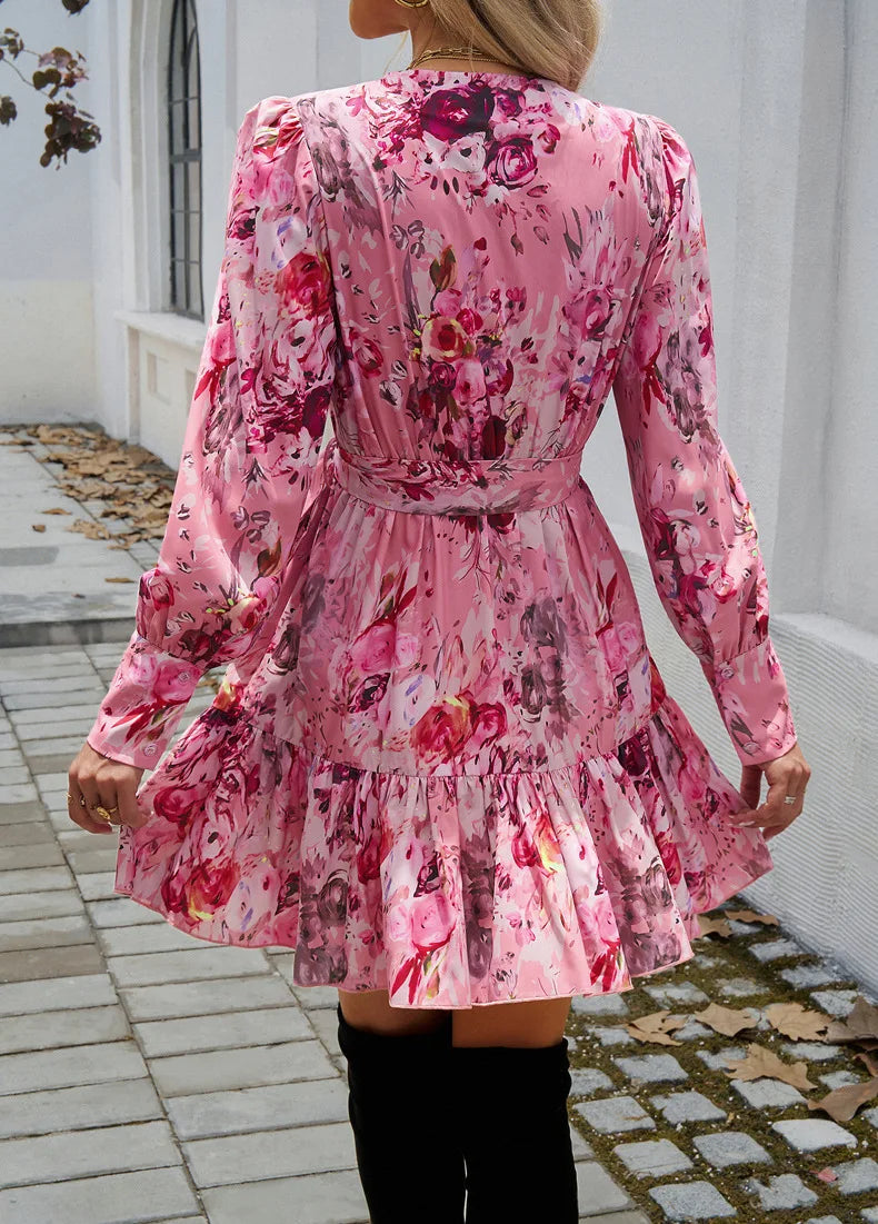 Wrap Dresses- Autumn Floral Puff Sleeve Wrap Belted Dress- - IndioGear Women Clothing