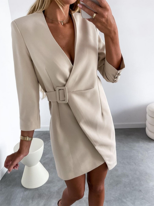 Wrap Dresses- Tailored Wrap Blazer Dress with Belt- Cracker khaki- IndioGear.com