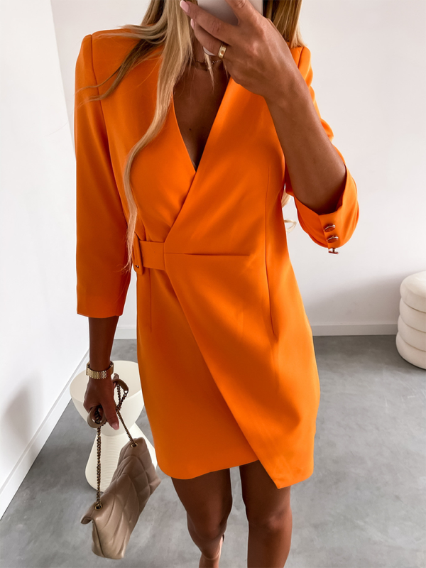 Wrap Dresses- Tailored Wrap Blazer Dress with Belt- - IndioGear.com