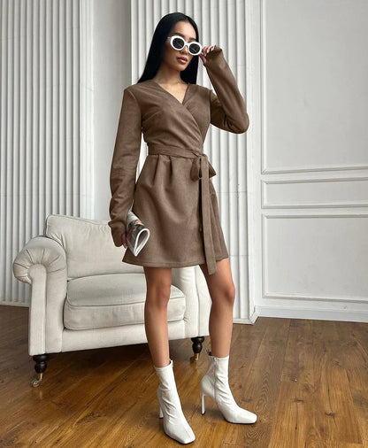 Wrap Dresses- Wrap Tailored Couture Faux Suede Mini Dress- - IndioGear.com