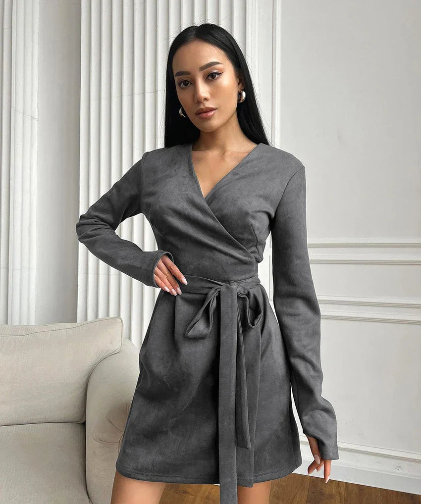 Wrap Dresses- Wrap Tailored Couture Faux Suede Mini Dress- Gray- IndioGear.com