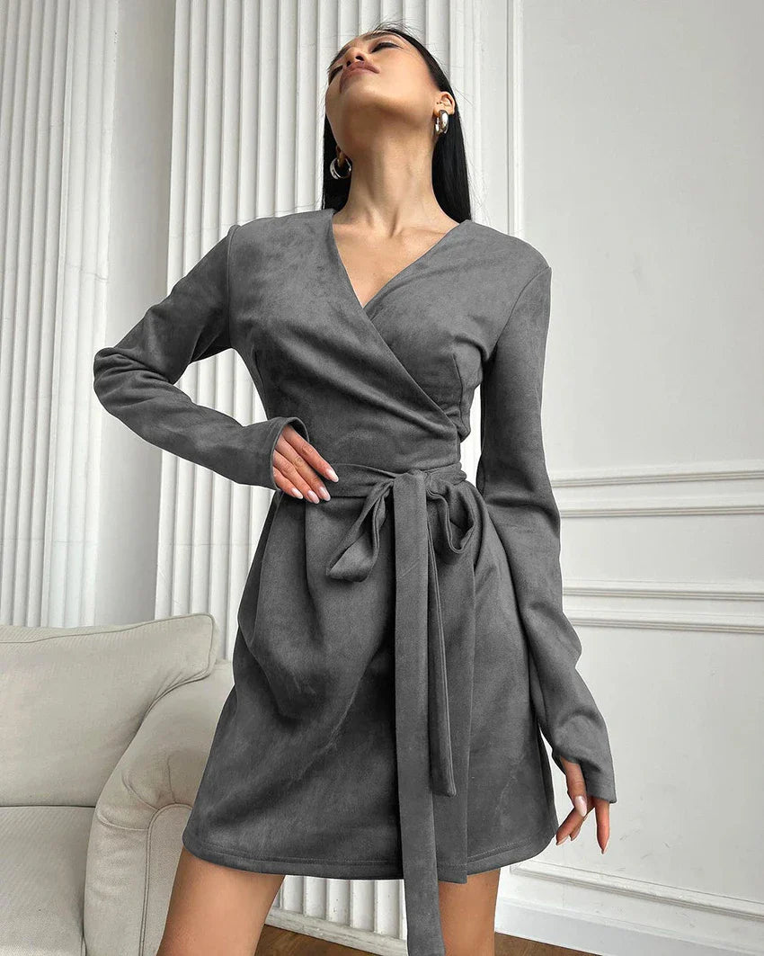 Wrap Dresses- Wrap Tailored Couture Faux Suede Mini Dress- - IndioGear.com