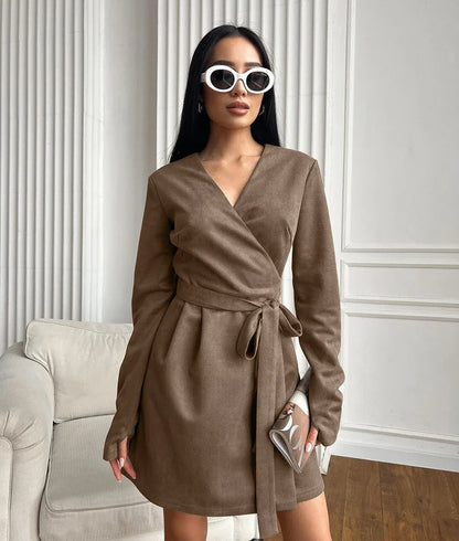 Wrap Dresses- Wrap Tailored Couture Faux Suede Mini Dress- - IndioGear.com