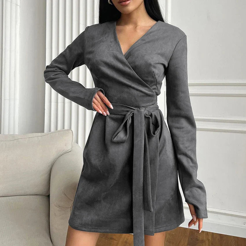 Wrap Dresses- Wrap Tailored Couture Faux Suede Mini Dress- - IndioGear.com