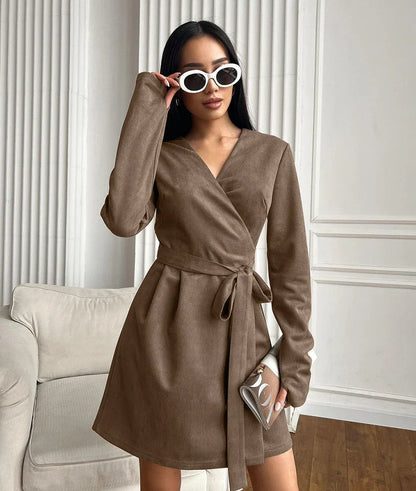 Wrap Dresses- Wrap Tailored Couture Faux Suede Mini Dress- Brown- IndioGear.com