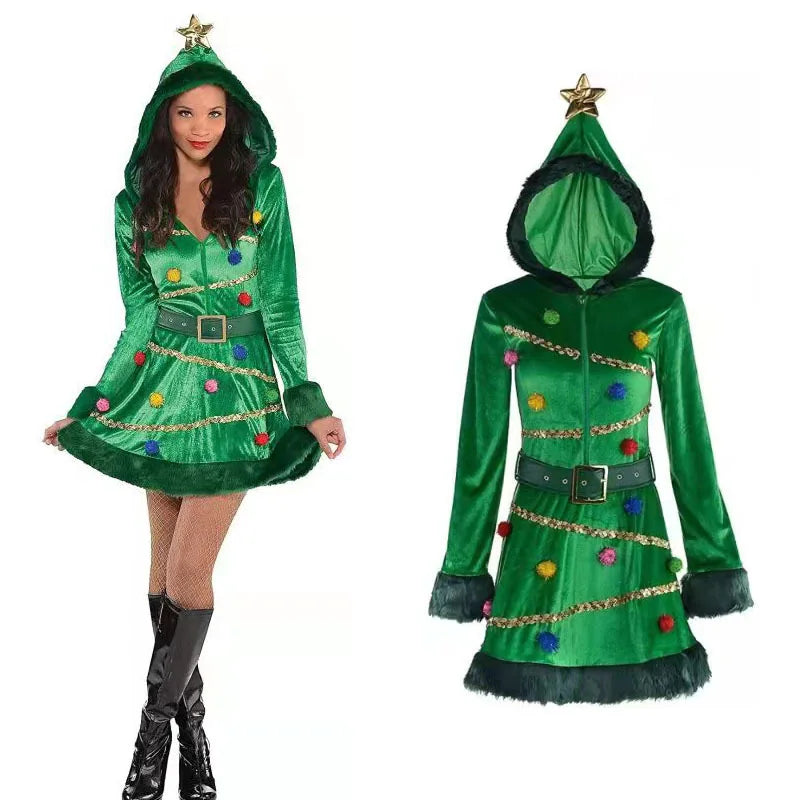 Xmas Costumes- Festive Christmas Tree Costume Grinch-Inspired Holiday Dress- - IndioGear Women Clothing