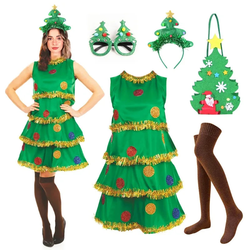 Xmas Costumes- Festive Christmas Tree Party Dress Costume with Accessories- - IndioGear Women Clothing