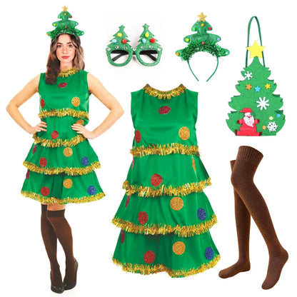 Xmas Costumes- Festive Christmas Tree Party Dress Costume with Accessories- Green- IndioGear Women Clothing