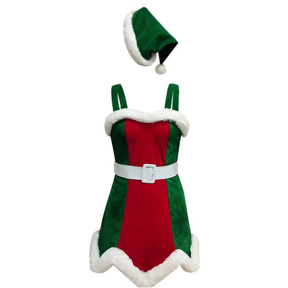 Xmas Costumes- Holiday Christmas Dress Cosplay Outfit Belted Dress with Hat- - IndioGear Women Clothing