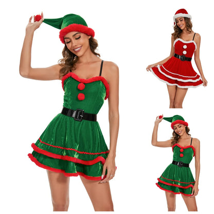 Xmas Costumes- Velvet Santa Costume Plush Dress Christmas Hat and Belt 3 Piece- - IndioGear Women Clothing