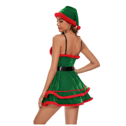 Xmas Costumes- Velvet Santa Costume Plush Dress Christmas Hat and Belt 3 Piece- - IndioGear Women Clothing