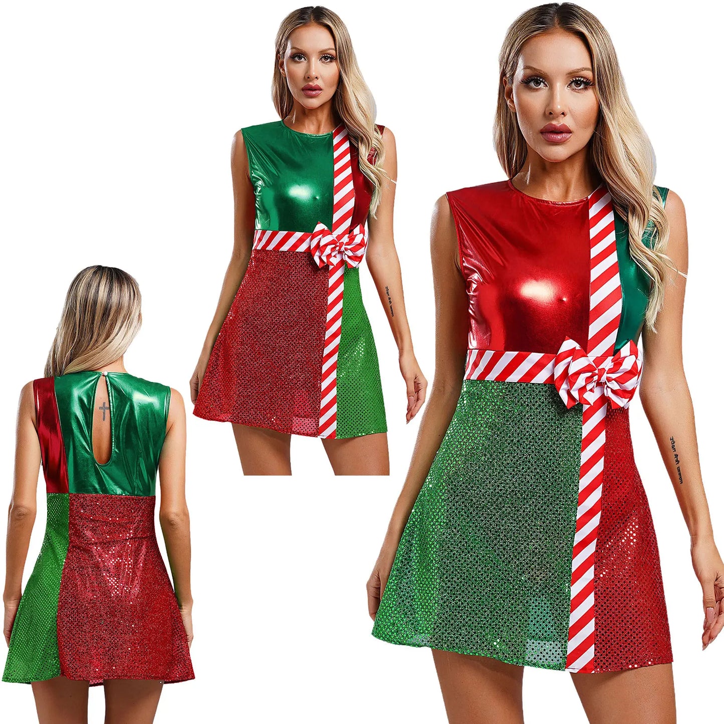 Xmas Dresses- Festive Sparkle Candy Cane Christmas Costume Dress- - IndioGear Women Clothing