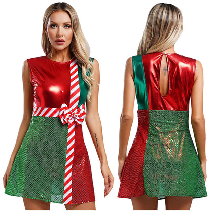 Xmas Dresses- Festive Sparkle Candy Cane Christmas Costume Dress- Red- IndioGear Women Clothing