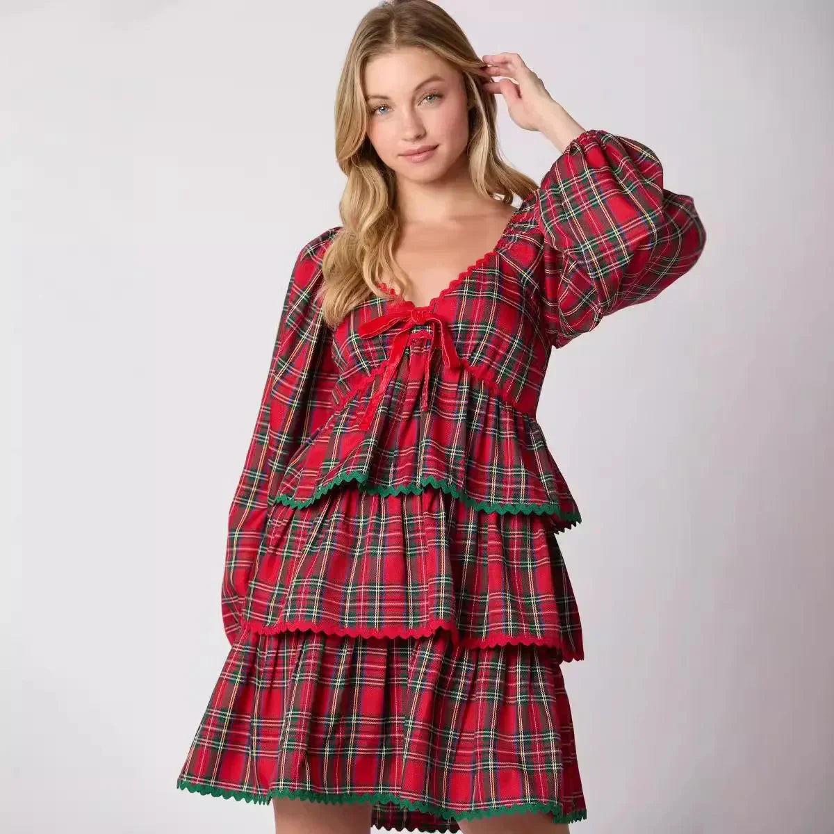 Xmas Dresses- Holiday Christmas Festive Tartan Ruffle Dress- - IndioGear Women Clothing