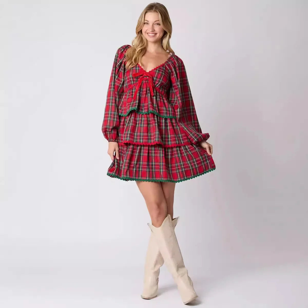 Xmas Dresses- Holiday Christmas Festive Tartan Ruffle Dress- - IndioGear Women Clothing