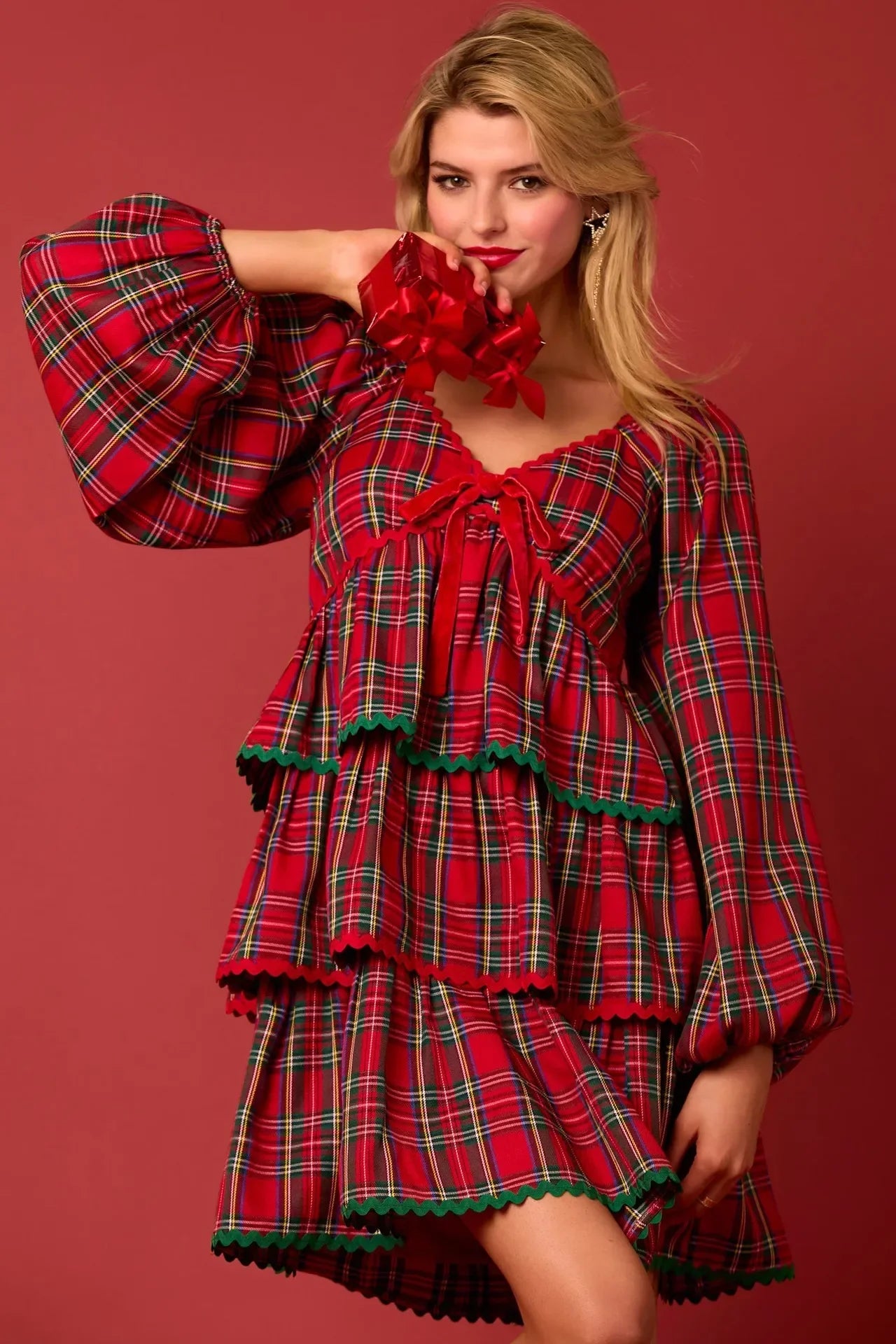 Xmas Dresses- Holiday Christmas Festive Tartan Ruffle Dress- Red- IndioGear Women Clothing