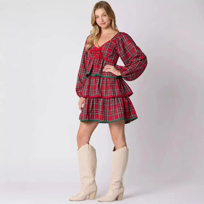 Xmas Dresses- Holiday Christmas Festive Tartan Ruffle Dress- - IndioGear Women Clothing