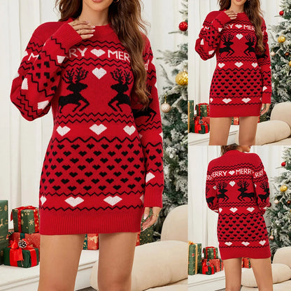 Xmas Dresses- Merry Christmas Reindeer Mini Sweater Dress- - IndioGear Women Clothing