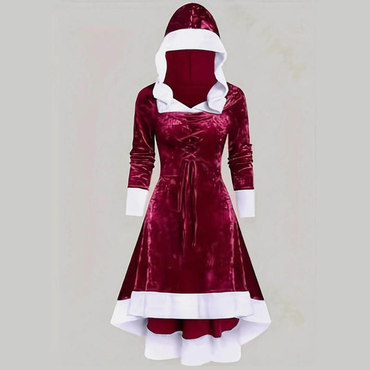 Xmas Dresses- Red Velvet Christmas Dress Santa Costume for Women- Wine- IndioGear Women Clothing