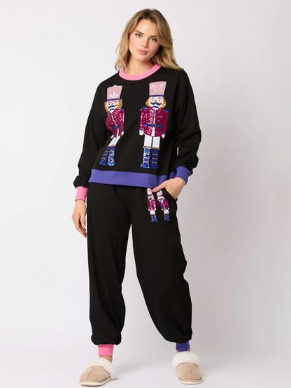 Xmas Loungewear- Women Christmas Loungewear Set with Sparkling Nutcracker- - IndioGear Women Clothing