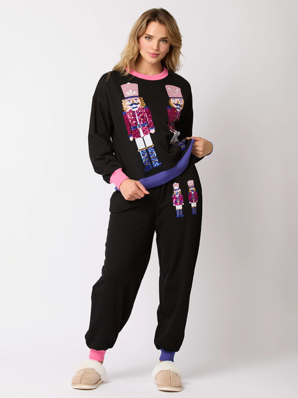 Xmas Loungewear- Women Christmas Loungewear Set with Sparkling Nutcracker- - IndioGear Women Clothing