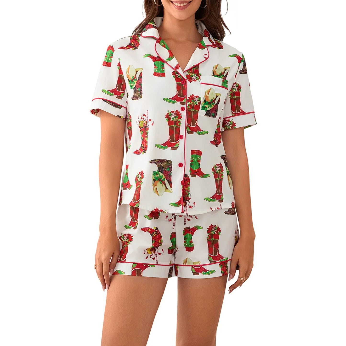 Xmas Pajamas- Festive Christmas PJ Set Gingerbread Pajamas Shorts and Shirt- Pattern2- IndioGear Women Clothing