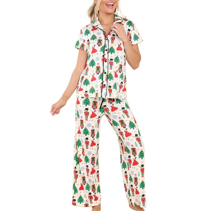 Xmas Pajamas- Festive Christmas PJ Set for Holiday Nutcracker Pants and Shirt- White- IndioGear Women Clothing