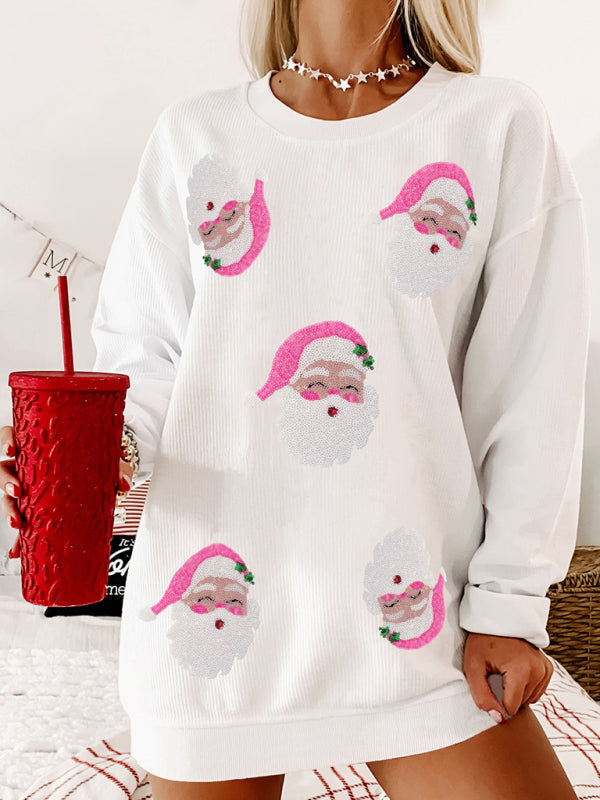 Xmas Pullover- Santa Sequin Pullover - Women’s Christmas Sweater Sweater- - IndioGear Women Clothing