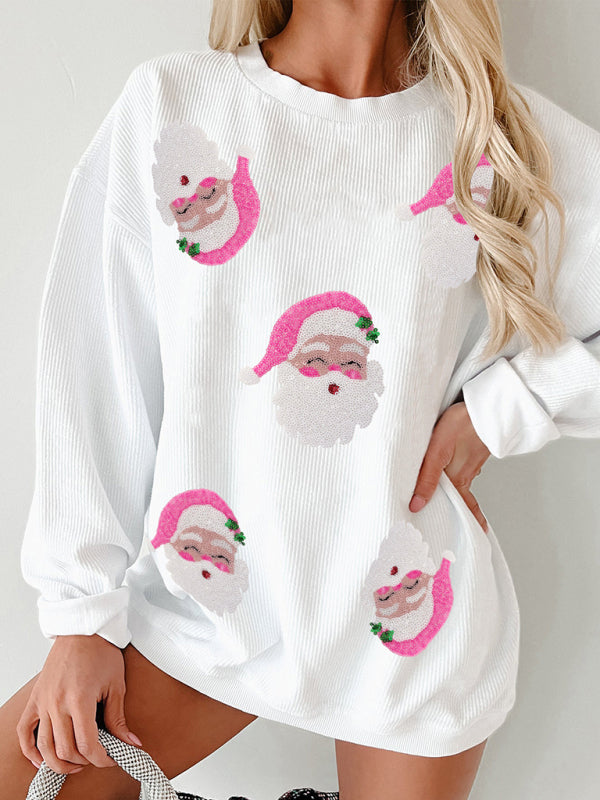 Xmas Pullover- Santa Sequin Pullover - Women’s Christmas Sweater Sweater- Cream- IndioGear Women Clothing