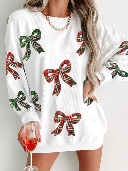 Xmas Pullovers- Plaid Bow Sparkle Christmas Sweater Holiday Pullover for Women- Cream- IndioGear Women Clothing