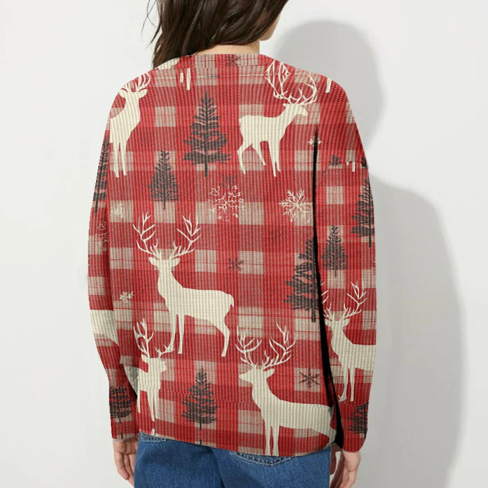 Xmas Sweaters- Reindeer Plaid Xmas Sweater Festive Plaid Pullover- - IndioGear Women Clothing