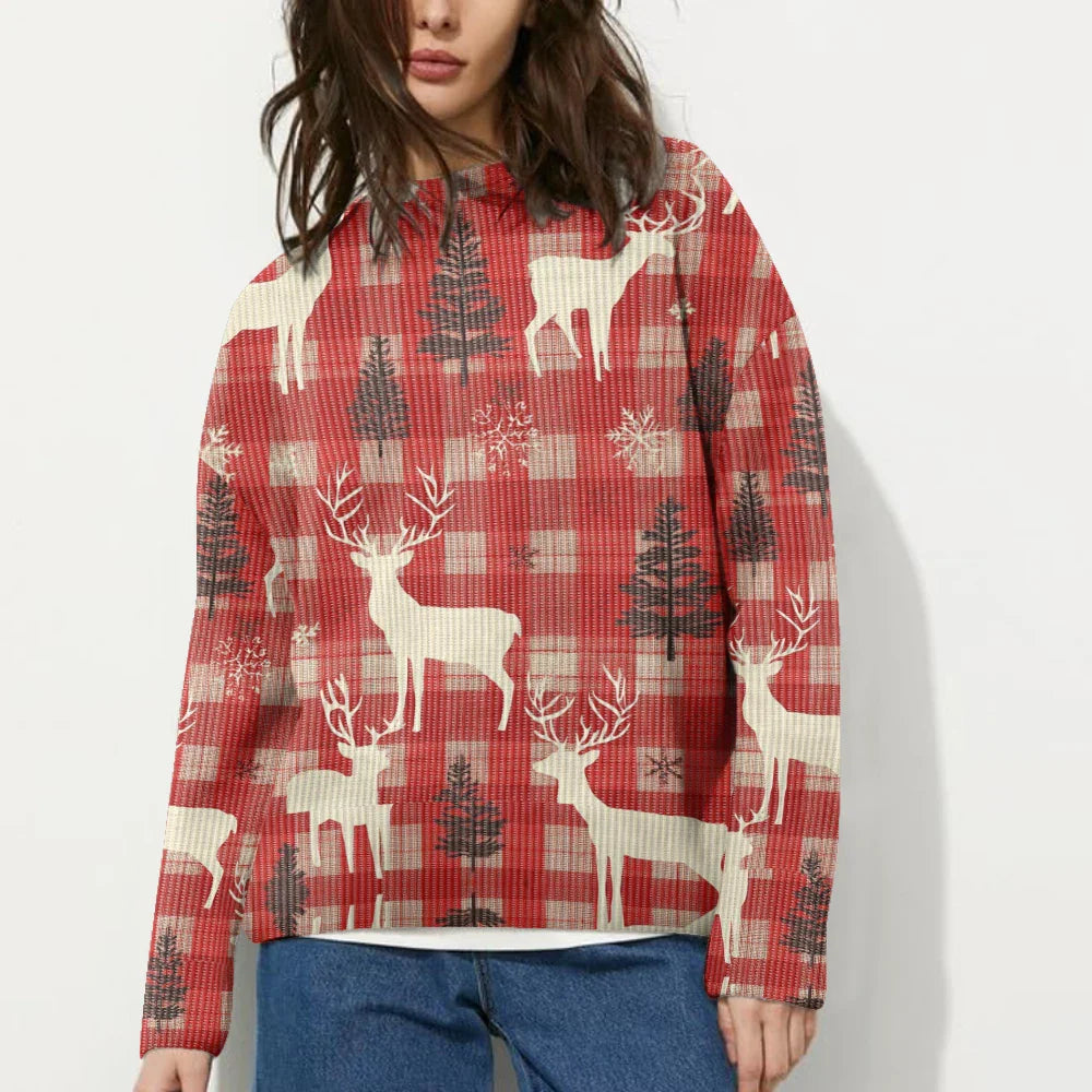 Xmas Sweaters- Reindeer Plaid Xmas Sweater Festive Plaid Pullover- - IndioGear Women Clothing