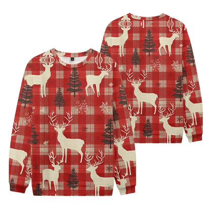 Xmas Sweaters- Reindeer Plaid Xmas Sweater Festive Plaid Pullover- Red- IndioGear Women Clothing